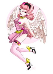 1girls c.a._cupid ever_after_high female garter high_heels lillykitten monster_high one_breast_out pastie pink_body pink_hair tagme white_background wings wink