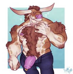 2_horns abs anthro body_hair bottomwear bovid bovine cattle clothing ear_piercing fur genital_piercing genitals happy_trail hi_res horn leelikessmut male mammal muscular muscular_anthro muscular_male nipple_piercing nipples pants pecs penis penis_piercing piercing solo vein veiny_penis