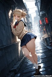 1girl ai_assisted ai_generated artist_name ass bangs blonde_hair blue_skirt blunt_bangs blush boku_no_hero_academia breasts building city curvaceous curvy curvy_female curvy_figure double_bun eyebrows_visible_through_hair fangs female full_body grin long_sleeves looking_at_viewer looking_back messy_hair miniskirt miyuai my_hero_academia outdoors pleated_skirt red_neckwear school_uniform serafuku shoes short_hair skirt smile socks solo standing teeth thick thick_ass thick_butt thick_hips thick_legs thick_thighs thighs toga_himiko voluptuous voluptuous_female white_legwear wide_hips wide_thighs yellow_eyes
