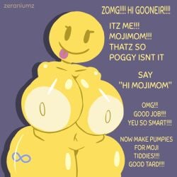 anthro autism cringe emoji emoji_(race) female huge_areolae huge_breasts stupid stupid_looking text yellow_body yellow_skin zeraniumz