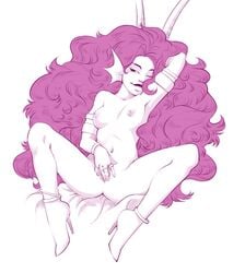 1girls black_lips breasts fins full_body high_heels homestuck horns long_hair masturbation ms_paint_adventures naked nipples paradoxjelli pink_hair pussy rings solo the_condesce troll white_background white_skin wink