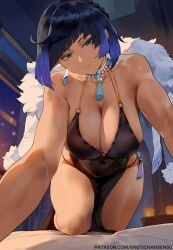 1girls ai_assisted all_fours artist_name bare_arms bare_legs bare_shoulders bed bedroom bedroom_eyes belly big_breasts blue_hair blunt_ends bob_cut braid cleavage curvy diagonal_bangs dice erotic_nansensu from_below fur-trimmed_jacket genshin_impact gradient_hair imminent_sex indoors jacket_on_shoulders jewelry kneeling looking_at_viewer mole_on_breast overcoat patreon_username pov smile solo stripping tassel thick_thighs yelan_(genshin_impact)