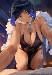 1girls ai_assisted ai_generated all_fours artist_name bare_arms bare_legs bare_shoulders bed bedroom bedroom_eyes belly big_breasts blue_hair blunt_ends bob_cut braid cleavage curvy diagonal_bangs dice dress erotic_nansensu from_below fur-trimmed_jacket genshin_impact gradient_hair imminent_sex indoors jacket_on_shoulders jewelry kneeling looking_at_viewer mole_on_breast overcoat patreon_username pov smile solo stripping tassel thick_thighs yelan_(genshin_impact)