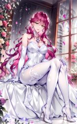 ai_generated big_breasts cleavage earrings female flowers green_eyes high_heels long_hair necklace panties penelope_eckhart red_hair sitting villains_are_destined_to_die white_leotard white_stockings