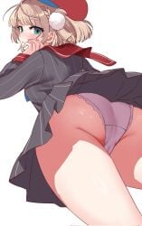 ass ass_focus beret blunt_bangs blush braid cameltoe commentary_request corrupted_twitter_file female festa11307070 french_braid from_behind green_eyes grey_jacket grey_skirt hair_ornament hair_rings hat highres indie_virtual_youtuber jacket light_brown_hair long_sleeves looking_at_viewer miniskirt panties pantyshot pinstripe_jacket pinstripe_pattern pinstripe_skirt pleated_skirt pom_pom_(clothes) pom_pom_hair_ornament red_beret red_hat red_sailor_collar sailor_collar school_uniform shigure_ui_(vtuber) shigure_ui_(vtuber)_(1st_costume) short_hair side_braid simple_background skirt sleeve_cuffs solo striped_clothes striped_jacket striped_skirt swept_bangs thick_thighs thighs underwear upskirt vertical-striped_clothes vertical-striped_jacket vertical-striped_skirt virtual_youtuber white_background white_panties