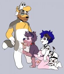 anal anal_sex angelbite_piercing anthro anthro_on_anthro anthro_penetrated anthro_penetrating anthro_penetrating_anthro areola balls beard bedroom_eyes billie_boy_(sparkibarki) blonde_hair blush blush_lines breasts canid canine canis closed_eyes collar collar_only dalmatian dildo dildo_in_ass dildo_insertion dildo_penetration domestic_dog ear_piercing erection facial_hair facial_piercing fangs fellatio fur gauged_ear genitals grey_background grey_body grey_fur grey_hair group hair half-closed_eyes harness hi_res humanoid_genitalia humanoid_penis lip_piercing looking_pleasured male male/male male/male/male male_penetrated male_penetrating male_penetrating_male male_with_breasts mammal narrowed_eyes nipples nude object_in_ass open_mouth open_smile oral oral_penetration pegging penetration penile penis piercing pink_areola pink_body pink_fur pink_nipples pubes seductive sex sex_toy sex_toy_in_ass sex_toy_insertion sex_toy_penetration short_stack simple_background smile snakebite_piercing sparkibarki spitroast strapon strapon_sex stud_piercing teeth toying_partner trans_(lore) trans_man_(lore) trio white_body white_fur wolf yellow_body yellow_fur