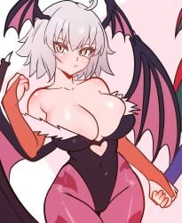 2girls absurdres ahoge animal_print bare_shoulders bat_print bat_wings big_breasts black_leotard blush breasts cleavage cleavage_overflow clothing_cutout collarbone commentary cosplay covered_navel darkstalkers demon_wings detached_sleeves edit english_commentary fate/grand_order fate_(series) female female_only fukou grey_hair head_wings heart_cutout highleg highleg_leotard highres huge_breasts jeanne_alter large_breasts leotard looking_at_viewer morrigan_aensland morrigan_aensland_(cosplay) multiple_girls off-shoulder_leotard pantyhose photoshop purple_pantyhose short_hair skimpy_clothes skin_tight solo thighs third-party_edit wings yellow_eyes