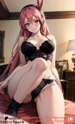 1girls ai_generated akame_ga_kill! artist_name black_lingerie chelsea_(akame_ga_kill!) commission female lingerie lingerie_only patreon patreon_username pink_eyes pink_hair solo solo_female sultryspark