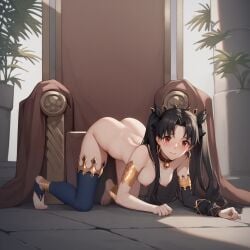 1girls ai_generated all_fours ancient_middle_east anklet armlet ass assymetrical_clothing bereft black_hair blush breasts collar collar_bell crown earrings fate/grand_order fate_(series) feet female female_only femsub ishtar_(fate) jewelry looking_at_viewer nipples pantiless parted_bangs pet_collar petplay red_cloth red_eyes ribbon single_elbow_glove single_thighhigh solo stable_diffusion submissive_female thighhighs thighs throne throne_room toeless_legwear topless uneven_legwear uneven_sleeves