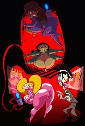 1boy 3girls big_ass big_breasts big_butt blonde_hair blue_eyes bodysuit bottom_heavy breasts bubble_butt cartoon_network cleavage curly_hair dee_dee_(dexter's_laboratory) dexter's_laboratory distracted female heart-shaped_pupils huge_ass huge_breasts lee_lee long_hair male mandark mee_mee poster slb thick_thighs twerking unzipped