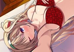 1girls azur_lane bed blonde_hair blue_eye blush bra breasts female female_only gorizia_(azur_lane) huge_breasts indoors light-skinned_female light_skin nose_blush on_bed one_eye_closed origami_aya red_bra sardegna_empire_(azur_lane) selfie solo wink