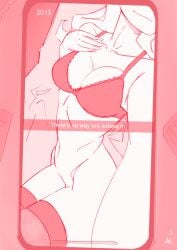 belly bra eyes_out_of_frame hand_on_own_chest hip_bones legs_together long_hair phone phone_screen selfie selfie_pose shiba_(artist) smile stockings