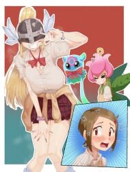 2024 3girls angewomon artist_name bandai_namco big_breasts blonde_hair blush brown_hair cheesoart digimon digimon_(species) digimon_adventure digimon_adventure_02 female female_only gyaru heart helmet hi_res hikari_yagami jellymon lillymon long_hair looking_at_viewer red_eyes ribbon school_uniform smiling smiling_at_viewer teeth_showing v_sign