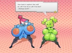 2girls areolae armwear ass ass_focus backboob big_ass blue_body blue_skin breasts female female_only full_body glasses green_hair green_skin huge_breasts looking_at_viewer looking_back mario_(series) mimi_(super_paper_mario) multiple_girls naked naked_female nastasia nipples nude nude_female one_eye_closed osterzonensfw paper_mario paper_mario:_the_thousand-year_door_(nintendo_switch) pink_hair pubic_hair pussy shortstack smile super_paper_mario teasing thighhighs wink