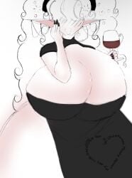 black_dress breasts breasts_bigger_than_head breasts_out busty busty_female curvy_figure dazed drunk drunk_bubbles elf elf_ears elf_female elf_girl extensions fancy_clothing flushed flushed_face flustered l3wdpanda long_hair short_sleeves slit_dress styled_hair twintails white_skin wife