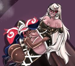 1futa 1girls all_fours balls bitterbunz blonde_hair bottomless breasts carmilla_carmine clothed clothing cum dark-skinned_female dark-skinned_futanari dark_skin duo erection fellatio female futa_on_female futanari hazbin_hotel humanoid humanoid_penis nipples oral pale_skin partially_clothed penis sex standing velvette