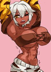 1girls amber_eyes arms_up bra breasts cleavage clothed dark-skinned_female dark_skin female female_only highres looking_at_viewer medium_hair mr.cinders one_eye_closed pink_background reena_(mr.cinders) sharp_teeth solo solo_female sweat white_hair zanamaoria