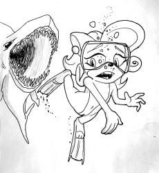 1girls activision bandicoot bubbles coco_bandicoot crash_(series) crash_bandicoot_(series) dtcg female looking_scared marsupial peril scuba_gear shark tagme underwater