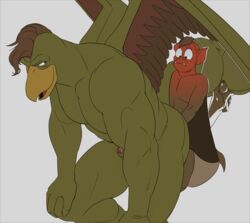 2boys absurd_res anal anthro anus ass avian beak disney erection gargoyle gargoyles gay genitals griff_(gargoyles) hi_res lexington_(gargoyles) male male/male male_only muscular nervous penis scalie shy size_difference smagma small_dom_big_sub wings yaoi