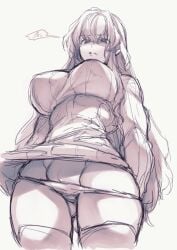 1girls disgusted glaring huge_breasts pussy_peek sweater takatsuki_ichi underwear