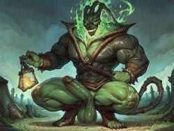 ai_generated balls bara big_balls big_penis boyfriendai clothing erection ghost green_body green_skin league_of_legends male male_only muscular_male penis riot_games skull thresh tight_clothing