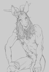 anthro balls beard bovid caprine facial_hair flaccid genitals goat goatee hi_res horizontal_pupils horn looking_aside male male_only mammal nipple_piercing nipples penis piercing pupils scruffy smagma solo