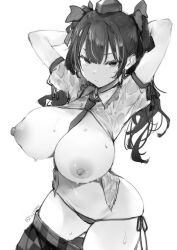 arms_behind_head between_breasts breasts closed_mouth commentary_request cowboy_shot female greyscale hat hatate_himekaidou highres himekaidou_hatate huge_breasts large_breasts long_hair looking_at_viewer monochrome necktie necktie_between_breasts nipples open_clothes open_shirt panties plaid plaid_skirt puffy_short_sleeves puffy_sleeves short_sleeves skirt solo sweat tokin_hat touhou tousen twintails twitter_username underwear wet wet_clothes