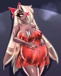 1girls 2d big_breasts bitterbunz breasts gigantic_breasts hazbin_hotel long_hair looking_at_viewer nipples nipples_visible_through_clothing pregnant solo thighs vaggie_(hazbin_hotel) white_background