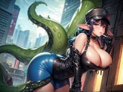 1girls ai_generated big_ass big_breasts cap curvy doggy_style elf_ears female fucked_senseless huge_breasts leather_cap leather_skirt tentacle tentacle_sex