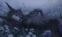 anthro black_body black_fur black_hair bone breasts dew eyelashes female flower fur genitals gravewarden hair hi_res looking_at_viewer lying meadow nails nipples nude on_back on_grass pinup plant pose pussy skull skull_head skulldog_(species) solo water