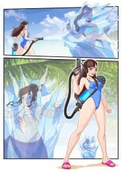 3girls beach bikini blue_bikini blue_swimsuit comic comic_page d.va female female_only flip_flops frozen frozen_solid glasses ice mei_(overwatch) midriff new-ereon overwatch pink_sandals sandals snowball_(overwatch) stuck_in_ice swimsuit widowmaker