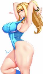 1girls anisdrawn artist_signature big_breasts bimbo blonde_hair blue_eyes breasts female jpeg leotard long_hair metroid nintendo ponytail samus_aran thick_thighs