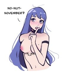 blue_eyes blue_hair blush breasts choker female miaormoa(artist) mouth_open naked no_nut_november pussy talking_to_viewer tattoo thinking