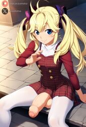 1futa ai_generated balls big_penis blonde_hair blue_eyes blush clothed cock erection foreskin from_above frontwing futanari grisaia_(series) grisaia_no_kajitsu huge_cock indoors light-skinned_futanari light_skin looking_at_viewer matsushima_michiru penis roxygtf sitting small_breasts solo twintails viewed_from_above