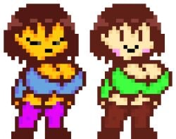 2girls artist_request big_breasts chara female frisk pixel_art sabs3 tagme undertale unknown_artist white_background