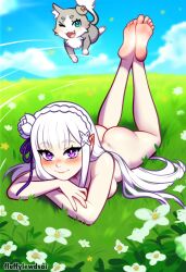 1girls 1other ai_generated ass ass breasts day elf elf_ears elf_female elf_girl emilia_(re:zero) feet feet_together feet_up flower fluffylewdsai grass grass_field laying_on_stomach long_hair looking_at_viewer lying naked nsfw pale_skin puck_(re:zero) purple_eyes purple_ribbon re:zero_kara_hajimeru_isekai_seikatsu ribbon sideboob smile sunny white_hair winking_at_viewer