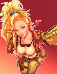 1girls asymmetrical_hair blonde_hair blue_eyes breasts cleavage clothed downblouse female freckles gemma_(monster_hunter_wilds) gloomy_sundae hand_on_hip large_breasts monster_hunter monster_hunter_wilds selfie side_ponytail solo very_long_hair wink