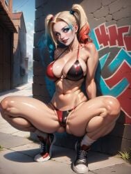 1girls ai_generated batman_(series) big_breasts blonde_hair boob_window breasts harley_quinn harley_quinn_(series) league69 legs_up looking_at_viewer short_hair solo spread_legs squatting twintails