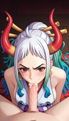 ai_generated aivachan_ai big_breasts blue_highlights busty cum cum_in_mouth earrings fellatio female hakama hoop_earrings horns japanese_clothes kneeling light-skinned_female light_skin looking_at_viewer male night no_bra one_piece oni oni_female penis pov red_eyes ship sideboob sky white_hair yamato_(one_piece) youkai