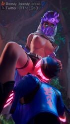 artemis artemis_(fortnite) beanie belt big_breasts boots breasts clothed clothed_female clothing eating_pussy fortnite fully_clothed fully_clothed_female functionally_nude functionally_nude_female glowing_clothes glowing_eyes glowing_hair glowing_tattoo glowing_tattoos holding_head leg_band looking_down looking_down_at_partner nitebeam_(fortnite) nude nude_female outdoors outside shiny shiny_skin skirt the_qbd upskirt yuri
