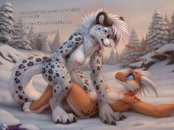 absurd_res anthro big_breasts dominant_female duo furry furry_desirer hi_res highres kobold nipples nude scalie snow snow_leopard submissive_male vore