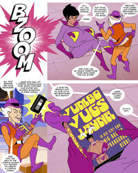 1boy 1girls after_sex ani7us black_hair bowler_hat breast_expansion breasts dc dc_comics dwarf elf_ears fully_clothed hanna-barbera happy huge_breasts humor imp jayna_(wonder_twins) mr_mxyzptlk pointy_ears red_lipstick short_hair size_difference smile super_friends superheroine superman_(series) video_recording video_tape white_hair wonder_twins