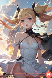 1girls :o ai_generated alone artist_name blonde_hair blue_eyes commission dress dress_lift female kaiju_no.8 looking_at_viewer panties patreon patreon_username shinomiya_kikoru skirt skirt_lift solo sultryspark white