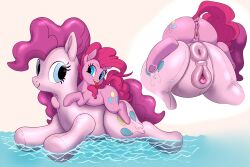 anus blue_eyes equid equine female female_horse friendship_is_magic genitals hasbro hi_res horse mammal my_little_pony pinfeather pink_body pink_skin pinkie_pie_(mlp) pony pussy smile spread_legs spreading tongue tongue_out water