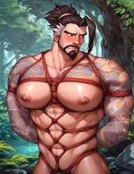 activision ai_generated bara beard blizzard_entertainment blush bondage boyfriendai hanzo hanzo_shimada male male_nipples male_only male_pubic_hair manly mature_male muscular_male nipples nude overwatch overwatch_2