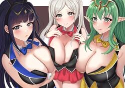 3girls absurdres alternate_costume animal_ears asymmetrical_docking black_hair blue_bow blue_bowtie bow bowtie breast_press breasts bunny_ears bunny_garden bunny_girl bunnysuit cleavage cosplay detached_collar female female_only fire_emblem fire_emblem_awakening green_hair grey_eyes hairband highres kana_(bunny_garden) kana_(bunny_garden)_(cosplay) large_breasts looking_at_viewer miuka_(bunny_garden) miuka_(bunny_garden)_(cosplay) multiple_girls nintendo playboy_bunny pointy_ears rabbit_ears red_bow red_bowtie rin_(bunny_garden) rin_(bunny_garden)_(cosplay) robin_(fire_emblem) robin_(fire_emblem)_(female) tara_(szzj7733) tharja_(fire_emblem) tiara tiki_(fire_emblem) twintails white_hair yellow_bow yellow_bowtie