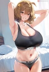 1girls ai_generated anis_(nikke) armpits arms_up bedroom blacked blacked_clothing goddess_of_victory:_nikke himeno indoors large_breasts light-skinned_female queen_of_spades smile