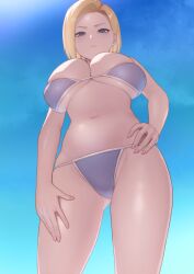 1girls android android_18 android_girl belly_button big_breasts bikini bikini_bottom bikini_top blue_bikini blue_bikini_bottom blue_bikini_top blue_eyes blue_eyes_female blue_sky blue_sky_background cloud clouds dragon_ball dragon_ball_super dragon_ball_z emotionless emotionless_female eyelashes eyeliner female female_focus female_only hand_on_hip hand_on_leg hand_on_thigh hand_on_waist hi_rontea huge_boobs huge_breasts large_boobs large_breasts light-skinned_female light_skin looking_down looking_down_at_viewer medium_hair pale-skinned_female pale_skin thick thick_legs thick_thighs