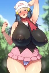 ai_generated big_breasts cameltoe dawn_(pokemon) erect_nipples_under_clothes flamingpassion no_bra no_bra_under_clothes pokemon see-through see-through_clothing visible_nipples wet