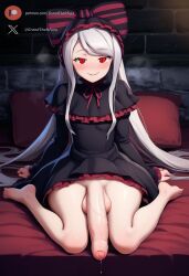 1futa ai_generated balls bedroom big_penis blush clothed cock flaccid foreskin futa_only futanari huge_cock indoors light-skinned_futanari light_skin long_hair looking_at_viewer on_bed overlord_(maruyama) penis precum red_eyes roxygtf shalltear_bloodfallen sitting small_breasts solo white_hair